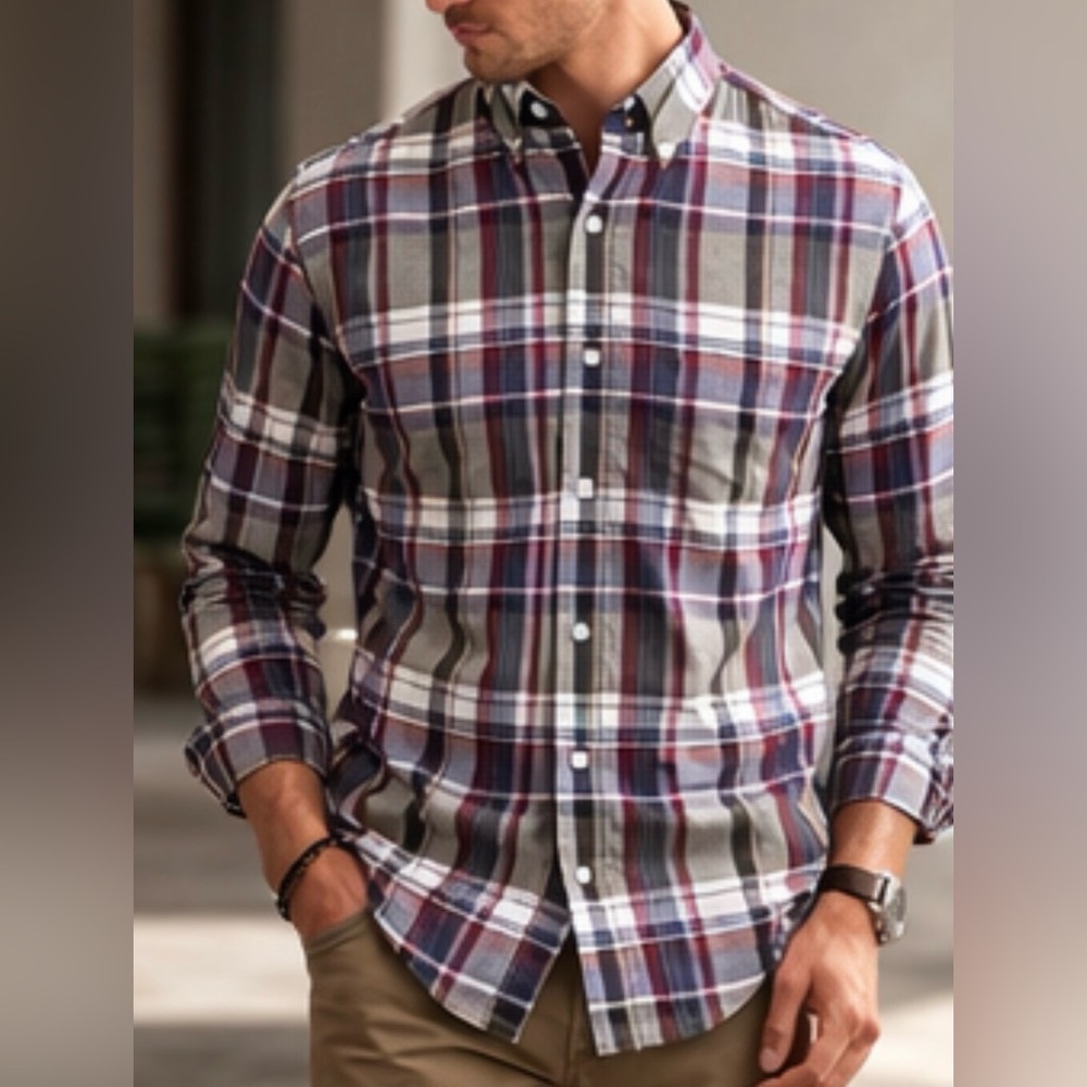 -Daniel Cremieux Signature Collection Green Navy Cranber Plaid Button-Down Large